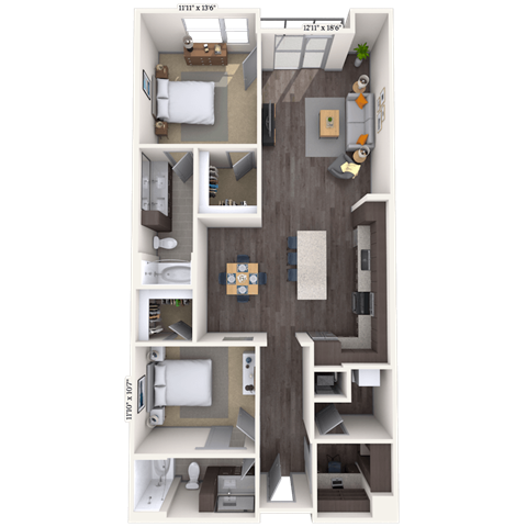 Floor plan for 2 beds, 2 baths, 1308 sqft
